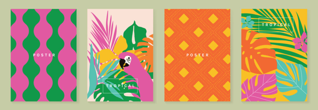 Tropical background poster vector set. Colorful jungle flower and pink cockatoo bird design with monstera leaves, retro circle pattern and green botanical texture.