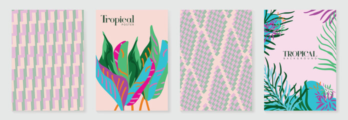 Obraz premium Tropical pattern vector set with monstera leaves, floral background, geometric tile and striped plaid design. Colorful summer collection for poster, wallpaper, fabric, packaging and digital paper. 