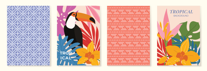 Obraz premium Summer tropical poster vector set. Colorful jungle leaf background with toucan bird, floral tile pattern and retro vacation design for beach party and travel.