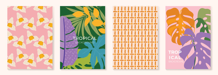Obraz premium Tropical pattern vector set with monstera leaves, floral background, geometric tile and striped plaid design. Colorful summer collection for poster, wallpaper, fabric, packaging and digital paper. 