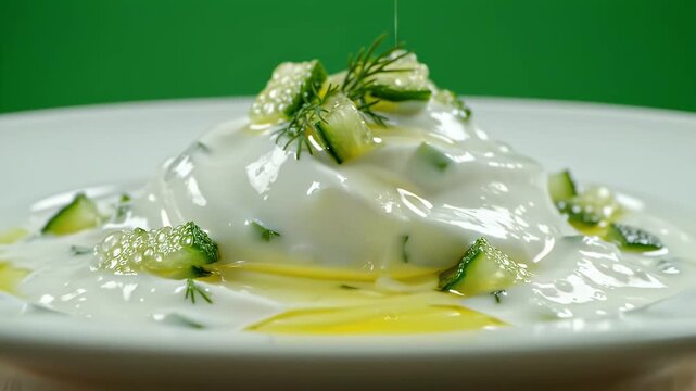 Ultra Detailed Cinematic Food Commercial Video of Cacik Yogurt with Cucumber Dill and Olive Oil Drizzle on White Plate Green Background