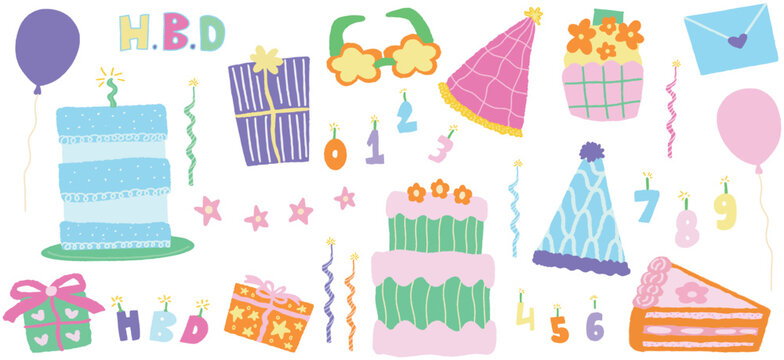 Birthday party set. Hand-drawn illustration, Transparent background
