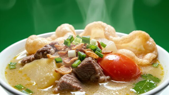 Delicious Soto Betawi Beef Soup Steaming Hot With Garnish Fresh Herbs In White Bowl Close Up Cinematic Food Commercial