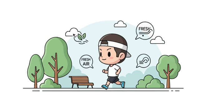 Vector illustration of a chibi boy character jogging in an outdoor park setting with green trees, bushes, and a bench, featuring speech bubbles with fresh air text and wind icons.