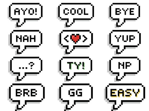Pixel Chat Speech Bubbles with Gaming Slang and Heart Symbols