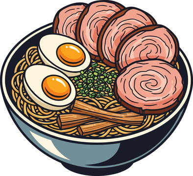 Japanese hot Ramen noodle soup bowl with sliced pork chashu and boiled egg vector illustration
