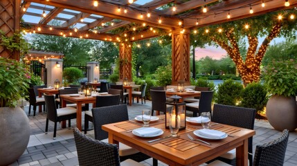 Fototapeta premium Outdoor restaurant patio at evening with string lights