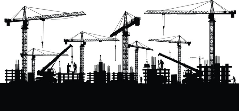 Construction site silhouette with tower cranes workers and machinery, urban building development skyline, industrial engineering activity black vector illustration scene