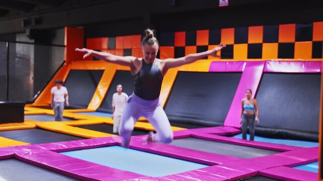 Cheerful middle-aged woman in suitable clothes jumping on trampoline expressing different poses