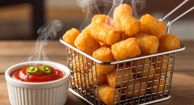 Golden fried tater tots with dipping sauce in a metal basket
