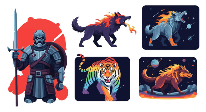 Set of vector illustrations featuring a medieval armored warrior with a sword, a fire-breathing wolf, cosmic wolves in space, and a colorful rainbow tiger on a dark background.