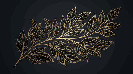 Luxury golden leaf branch line art illustration on dark charcoal background © Mimo95