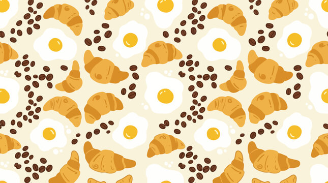 Seamless vector pattern with croissants fried eggs and coffee beans on cream background