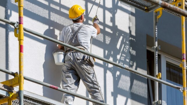 Worker painting building facade on scaffolding during renovation