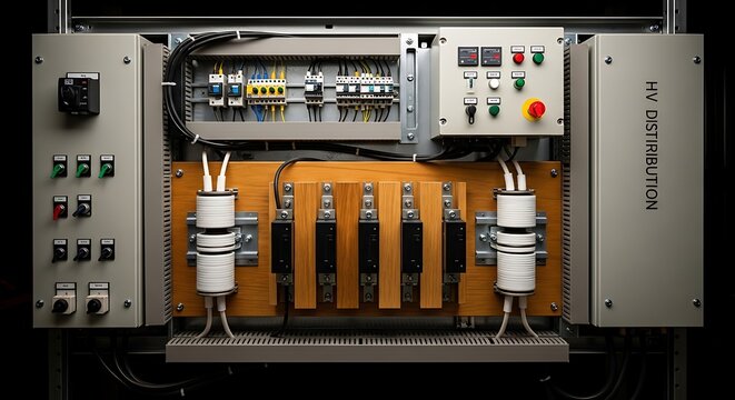 A professional industrial electrical control panel featuring high-voltage distribution components, ceramic insulators, and manual rotary switches for power management.
