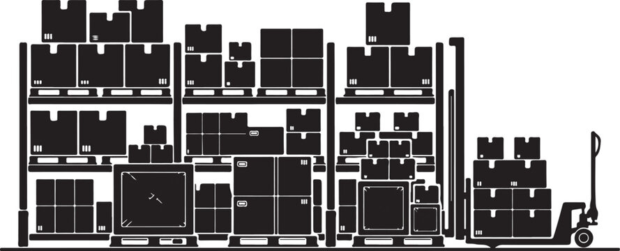 Black and white of warehouse shelves and pallet jack boxes