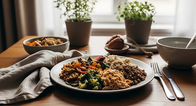 Healthy lunch spread of various grains, vegetables, and legumes on a plate