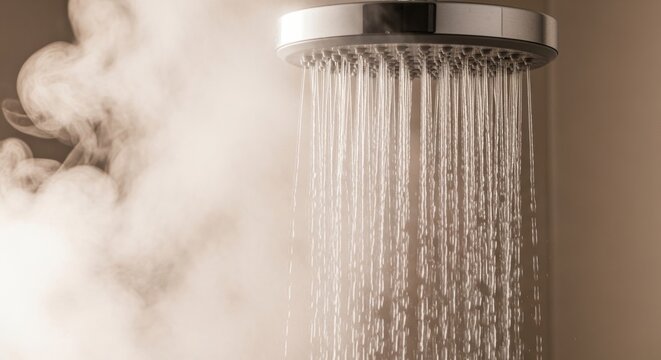 Chrome shower head spraying hot water in steam. Bathroom equipment for hygiene and relaxation. Concept of spa routine and daily wellness in modern house. Health and clean living lifestyle.