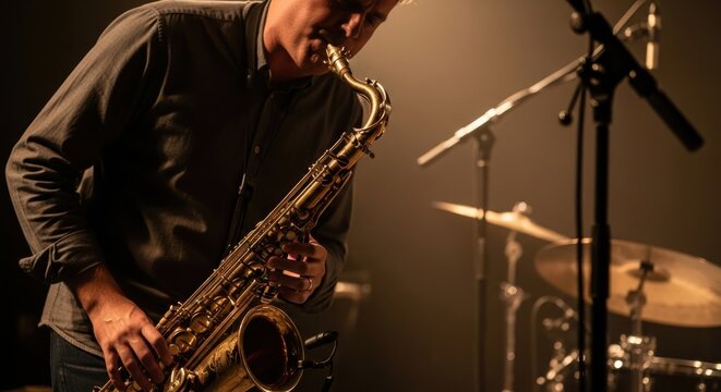 Man playing saxophone on stage during live concert. Musician performing jazz music with wind instrument in club. Artistic performance, entertainment show and sound culture concept.