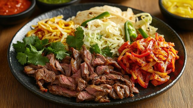 Korean taco deconstructed bowl with bulgogi marinated beef kimchi cabbage slaw fresh cilantro garnishes on dark ceramic plate restaurant presentation style