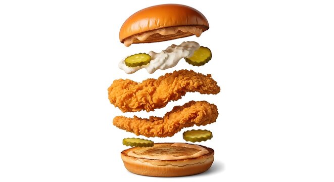 Exploded view of chicken burger with buns and fries