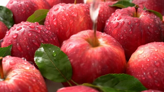 ecu macro video: vibrant red apples, glistening water droplets, emerald leaves; slow horizontal tracking video from overhead, soft natural daylight. concept of natural abundance