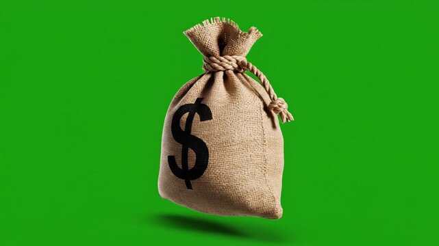 A video showcases a burlap sack with a dollar sign on green.