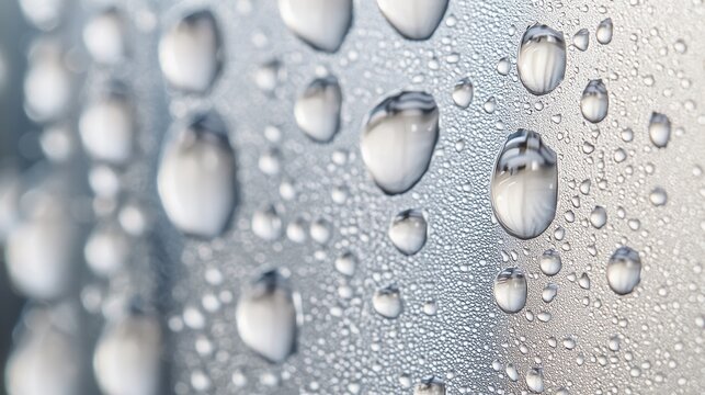 Hydrophobic nanocoating demonstration water repulsion metallic surface multiple droplets beading macro photography scientific material testing