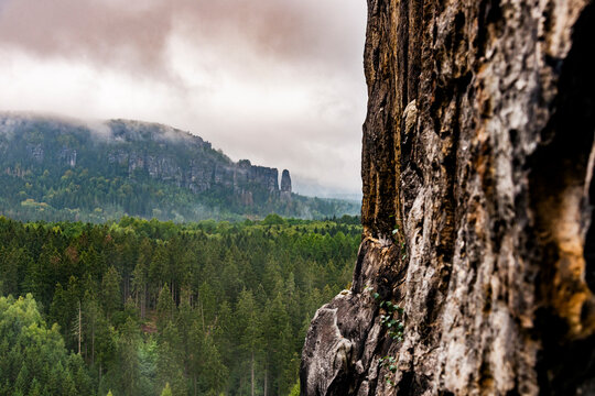 View of Schrammsteine and forest in Saxon Switzerland