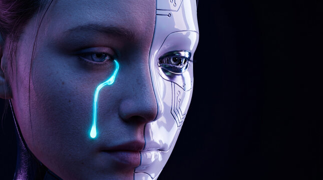 Crying half human half metal android with glowing blue tear.