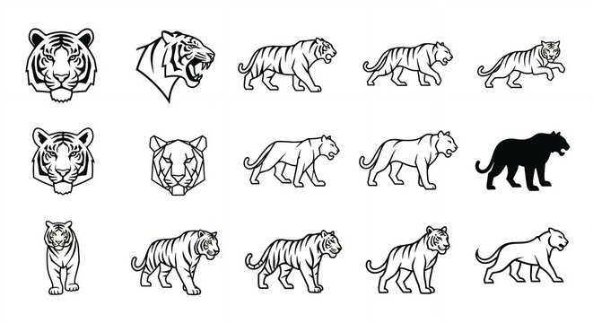 Premium Tiger Icon Set &ndash; 16 Black Vector Tiger Icons Collection, Minimal Flat Design, Isolated on White Background, SVG Silhouette Bundle for Logo, Branding, and Tracing