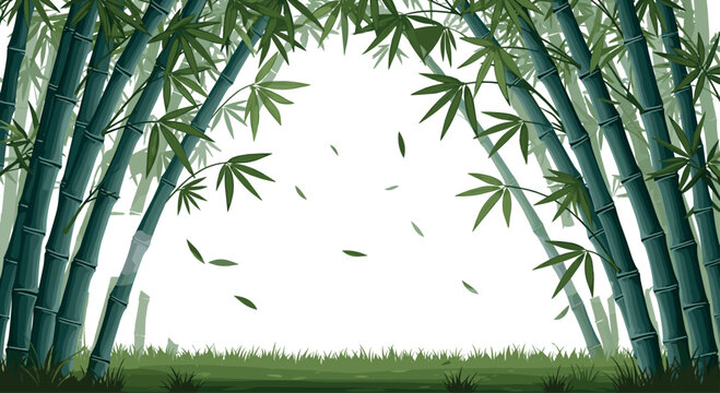 Beautiful Green Bamboo Forest Background with Falling Leaves and Grass for Nature, Asian, and Tropical Landscape Design Projects