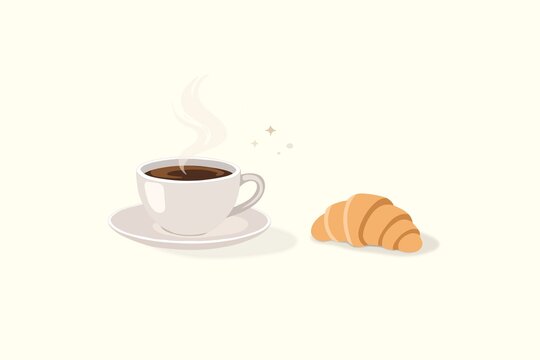 Minimalist vector illustration of hot coffee and fresh croissant