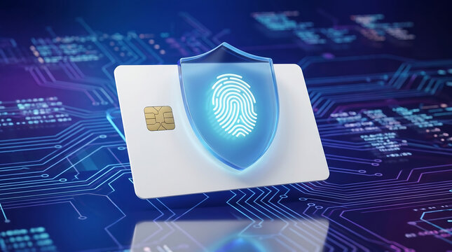3d render of credit card with digital security shield and fingerprint icon for secure financial payment and biometric authentication on abstract technology circuit background
