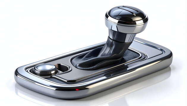 Glossy black chrome manual car gear shift lever with premium metal base panel. An automotive asset for spare parts catalogs, car advertising, and vehicle industry content.