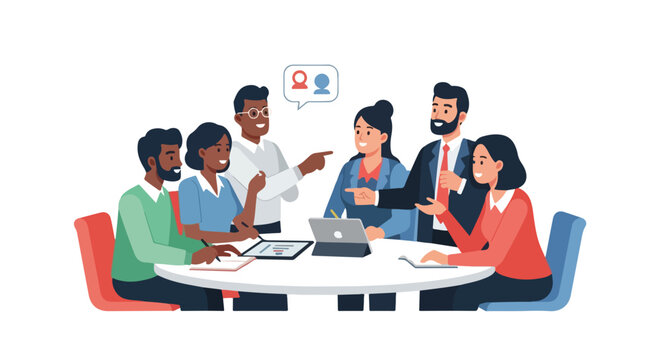 A diverse group of professional colleagues collaborates effectively during a productive team meeting around a white circular table.