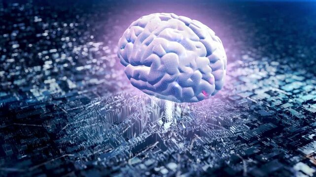 Abstract representation of a human brain with sound waves emanating from both sides on a dark background, symbolizing thought and auditory perception