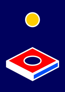 Abstract isometric platform with floating yellow ball and hole