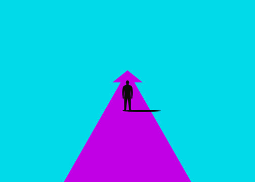 Silhouette standing on a purple arrow pointing forward