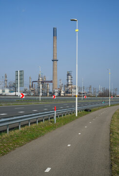 Oil refinery with cycling path and motorway in Rotterdam harbour