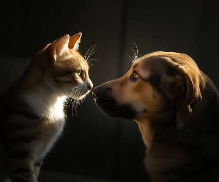 Gato atigrado y perro mir&aacute;ndose fijamente nariz con nariz con iluminaci&oacute;n dram&aacute;tica