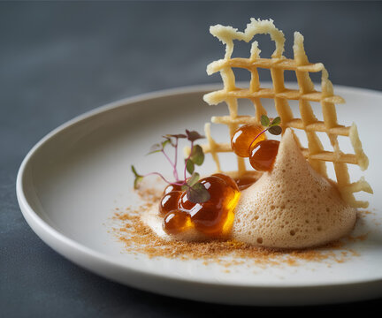 Postre de alta cocina con mousse de caramelo, esferificaciones de miel y crujiente de oblea