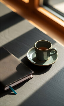 Taza de caf&eacute; espresso y libreta de cuero en escritorio con sombras geom&eacute;tricas de luz solar matutina
