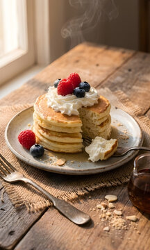 Pila de pancakes esponjosos con crema batida, bayas frescas y jarabe de arce en mesa r&uacute;stica de madera.