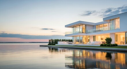 Fototapeta premium Modern house by calm water.