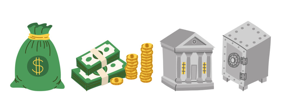 Banking and finance icon set. Hand drawn money bag, cash stacks, gold coins, bank building, and safe vault on white. Vector illustration