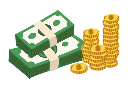 Stacks of cash and gold coins isolated on white. Hand drawn of money bundles and currency for banking, wealth, and finance. Vector illustration