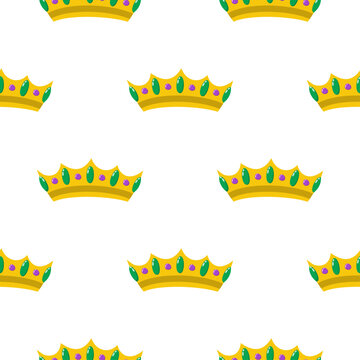 Seamless pattern with golden crowns and emerald gems. Royal background with gold tiaras, purple jewels, and kingly ornaments on white. Vector illustration