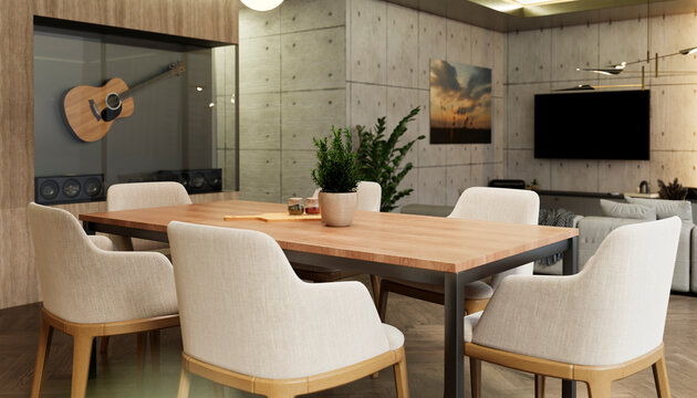 Modern minimalistic apartment interior with dining table