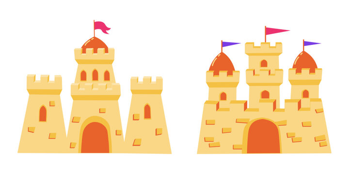 Set of sand castle icons isolated on white. Hand drawn beach toys, fortress towers, sandcastle, and summer vacation fun for kids. Vector illustration